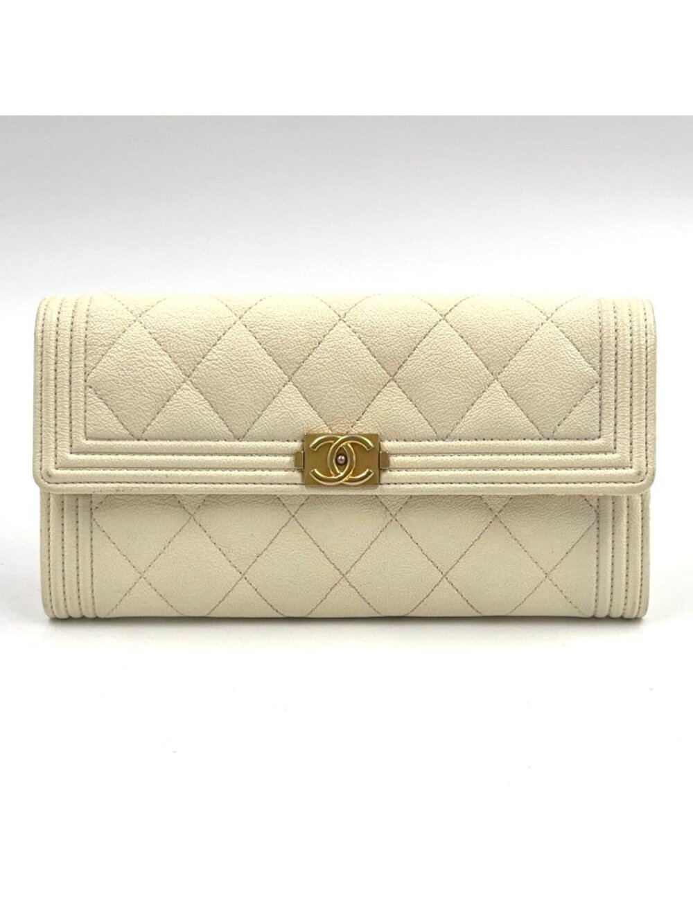 Chanel Boy Stand Caviar Leather Off White Wallet Gold
